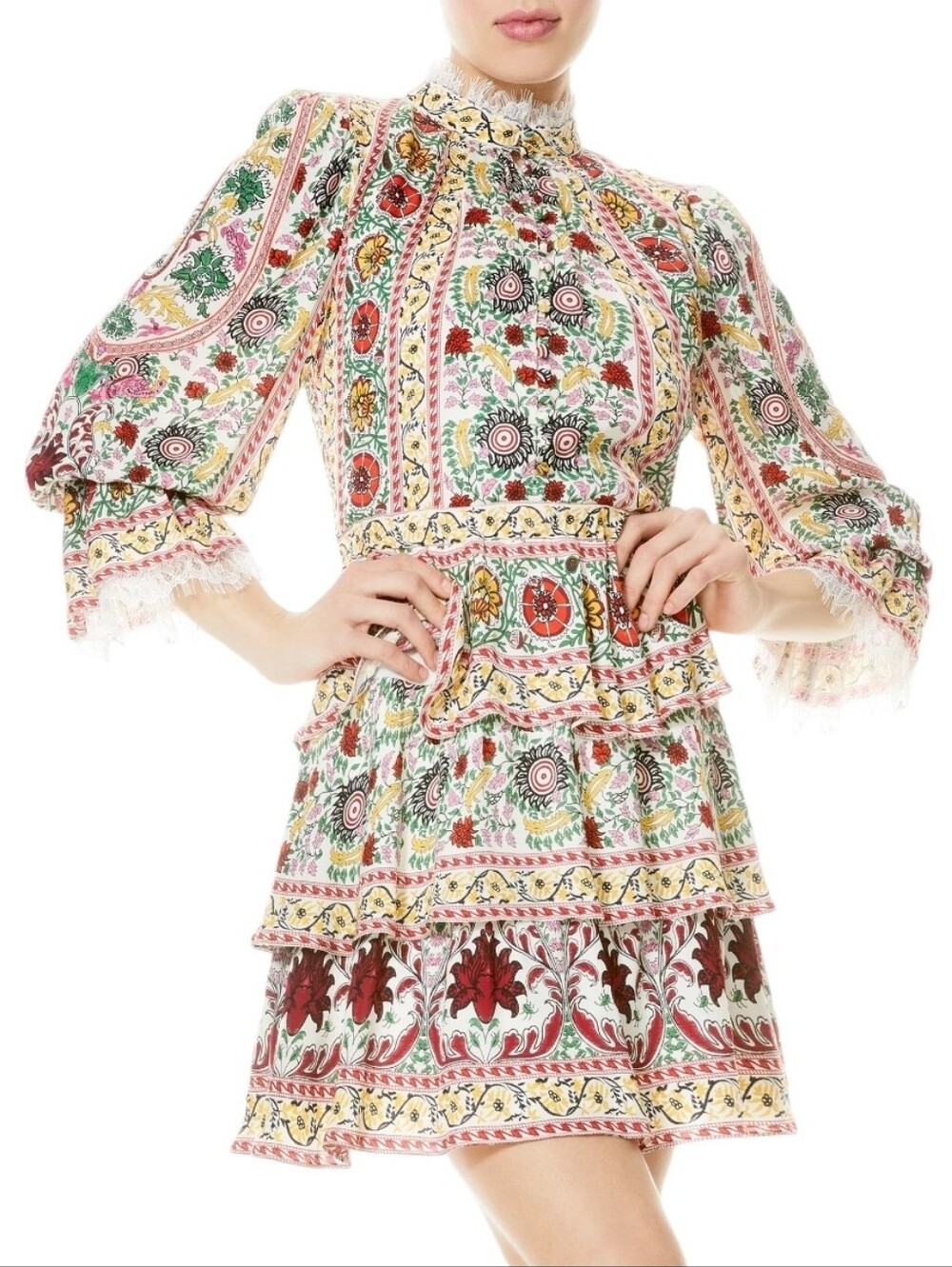 Alice + Olivia Lawson Mock Neck Lace Floral 3/4 Sleeve Tiered Mini Dress size 2